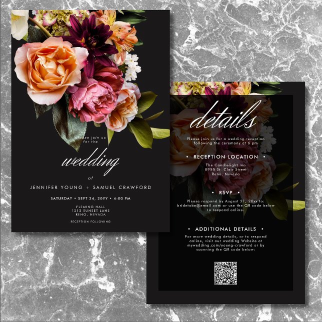 Elegant Moody Burgundy & Rosa Blommigt två sida Inbjudningar (Elegant Moody Burgundy & Pink Floral Two Sided Invitation)