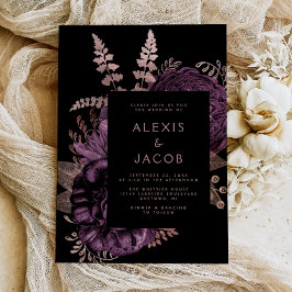 Elegant Moody Dark Floral Purple Rose Gold Wedding Inbjudningar