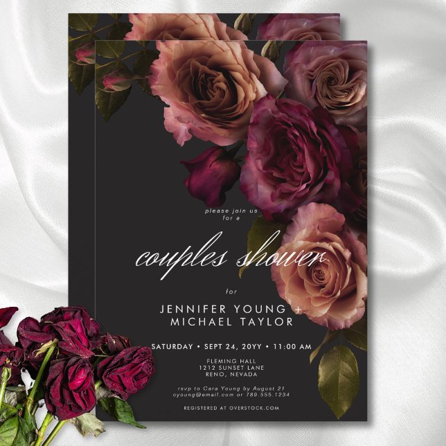 Elegant Moody docka för Rust & Burgundy-Blommigt p Inbjudningar (Elegant Moody Rust & Burgundy Floral Couples Shower Invitation)