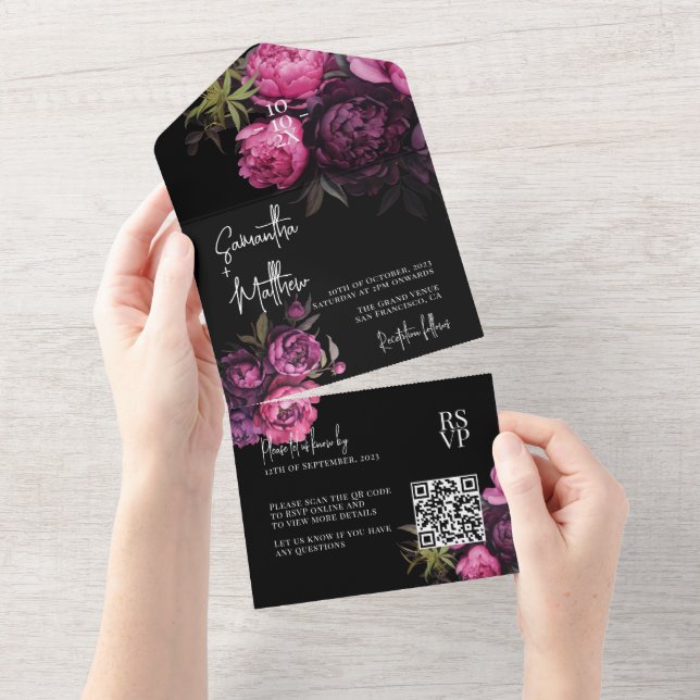 Elegant Moody Florals Svart Bröllop QR-kod (Tearaway)