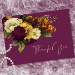 Elegant Moody Jewel Vintage Floral Wine Wedding Tack Kort<br><div class="desc">Elevate your wedding stationery with this dark and moody floral wedding thank you card, designed for couples who love timeless elegance with a dramatic edge. Set against a soft burgundy wine background, the design features lush vintage-inspired floral bouquets in cream, white, burgundy, yellow, orange, and navy tones—evoking a romantic, old-world...</div>