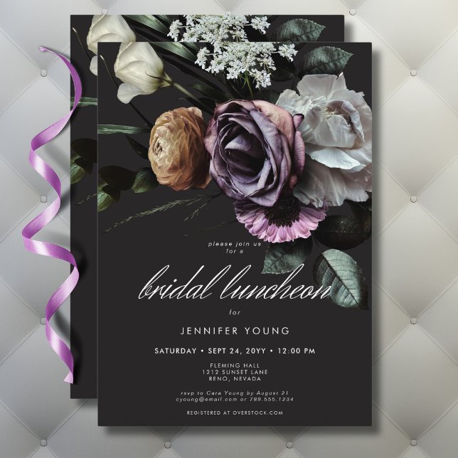 Elegant Moody Lunch för Möhippa med tuggad Blommig Inbjudningar (Elegant Moody Twilight Muted Floral Bridal Lunch Invitation)