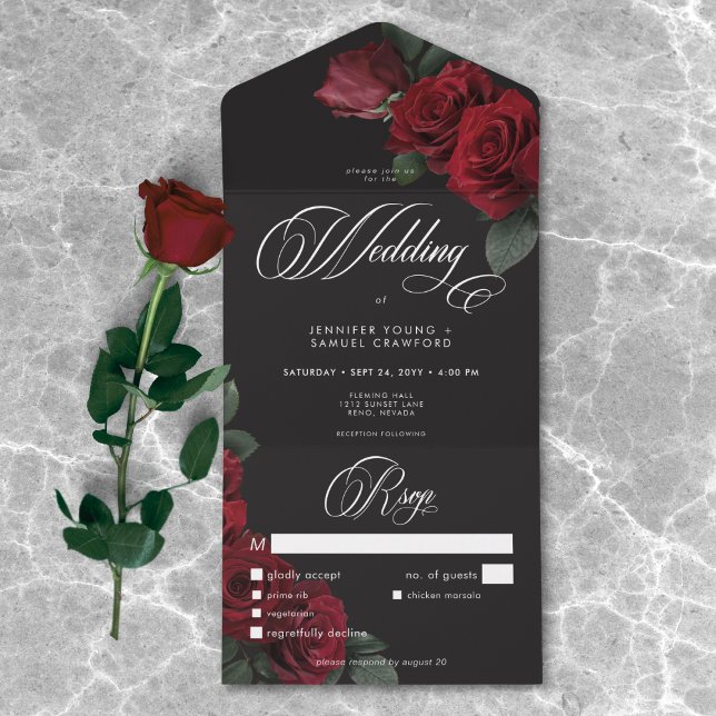 Elegant Moody Middag i Röd ros Bröllop (Elegant Moody Blood Red Roses Wedding Dinner All In One Invitation)