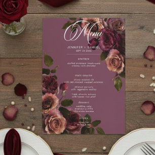 Elegant Moody Mjuk Rost & Vinröd Blommig Bröllop Meny
