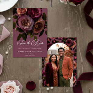 Elegant Moody Mjuk Rost & Vinröd Blommig Foto Spara Datumet