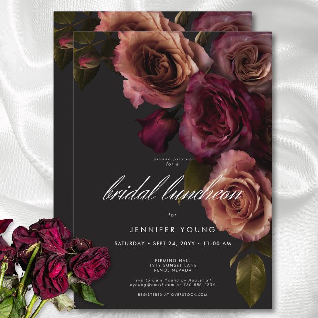 Elegant Moody Möhippa för Rust & Burgundy Blommigt Inbjudningar (Elegant Moody Rust & Burgundy Floral Bridal Lunch Invitation)