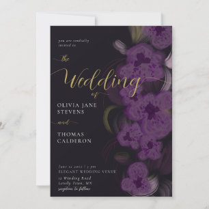 Elegant Moody Mörk Lila Orkidéer Utandning Bröllop Inbjudningar