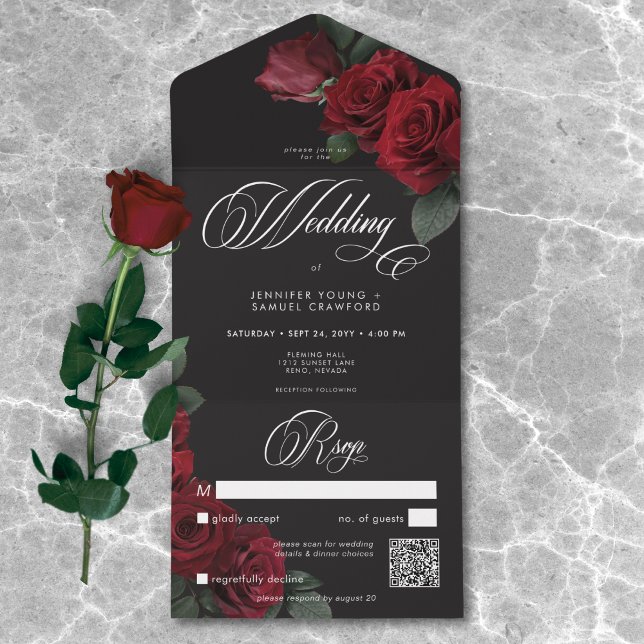 Elegant Moody QR-kod för Röd ros Bröllop (Elegant Moody Blood Red Roses Wedding QR Code All In One Invitation)