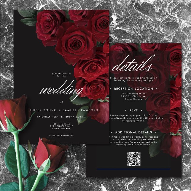 Elegant Moody Röd ros Blommigt 2 Sida Inbjudningar (Skapare uppladdad)