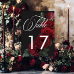 Elegant Moody Röd ros Blommigt Bordsnummer<br><div class="desc">Blev elegant för ditt gotiskinspirerade firande med vårt fängslande bröllop-bordsnummer-kort. En mjuk svart bakgrund ger perfekten arbetsyta för en fängslande, men underskattad bukett. Föreställ dig en arrangemang av muterat blod röd ros, där rikens röda nyanser blandas med mörk grönt löv. Den här eaterala designen utstrålar tyst sofistikering, perfekt för den...</div>