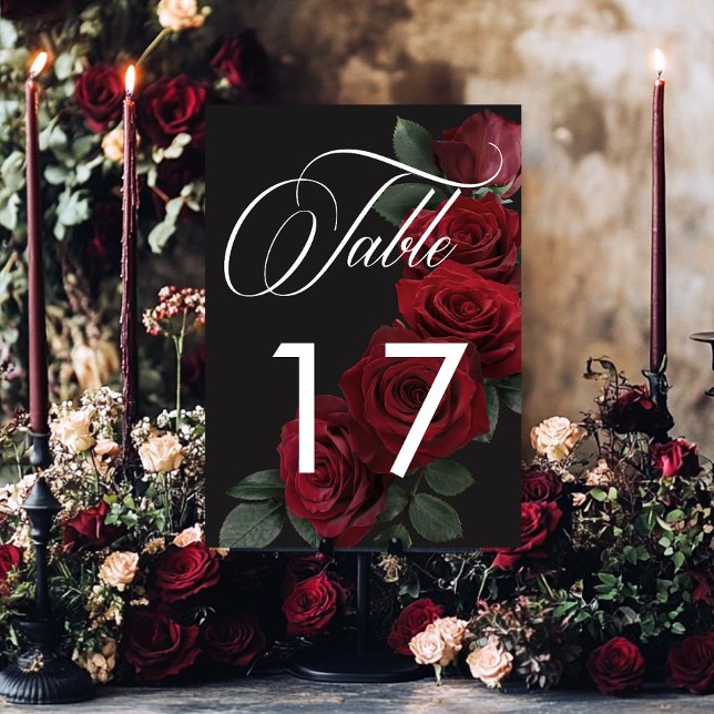 Elegant Moody Röd ros Blommigt Bordsnummer (Elegant Moody Blood Red Roses Wedding Table Card Number)