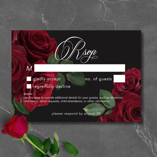Elegant Moody Röd ros Blommigt Ingen middag OSA Kort (Elegant Moody Blood Red Roses Floral No Dinner RSVP Card)