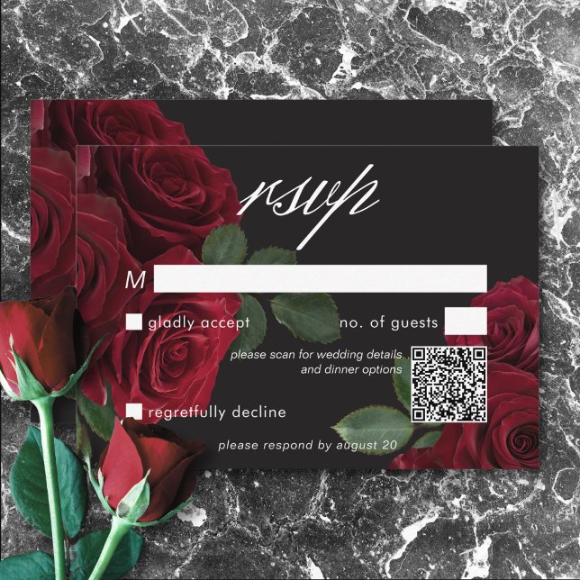 Elegant Moody Röd ros Blommigt QR- kod för  OSA Kort (Elegant Moody Blood Red Roses Floral QR Code RSVP Card)