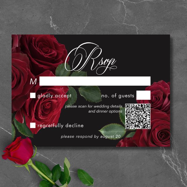 Elegant Moody Röd ros Blommigt QR- kod för  OSA Kort (Elegant Moody Blood Red Roses Floral No Dinner RSVP Card)