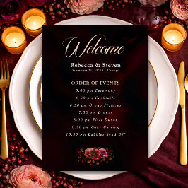 Elegant moody röd svart blommigt bröllop program