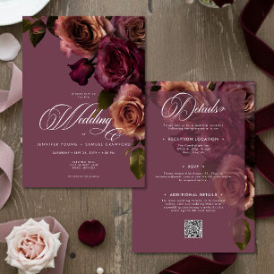 Elegant Moody Rust Burgunder Blommig QR-kod Bröllo Inbjudningar
