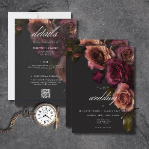 Elegant Moody Rust & Burgundy Blommigt två sida Inbjudningar