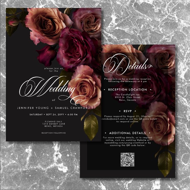 Elegant Moody Rust & Burgundy Blommigt två sida Inbjudningar (Elegant Moody Rust & Burgundy Floral Two Sided Invitation)