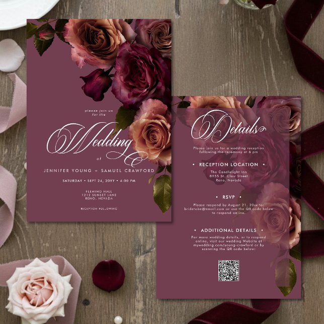 Elegant Moody Rust Burgundy Floral QR Code Wedding Inbjudningar (Skapare uppladdad)