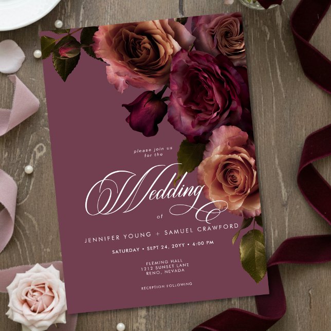 Elegant Moody Soft Rust & Burgundy Floral Wedding Inbjudningar (Skapare uppladdad)