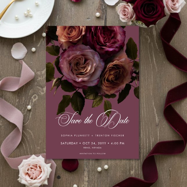 Elegant Moody Soft Rust & Burgundy Floral Wedding Spara Datumet (Skapare uppladdad)