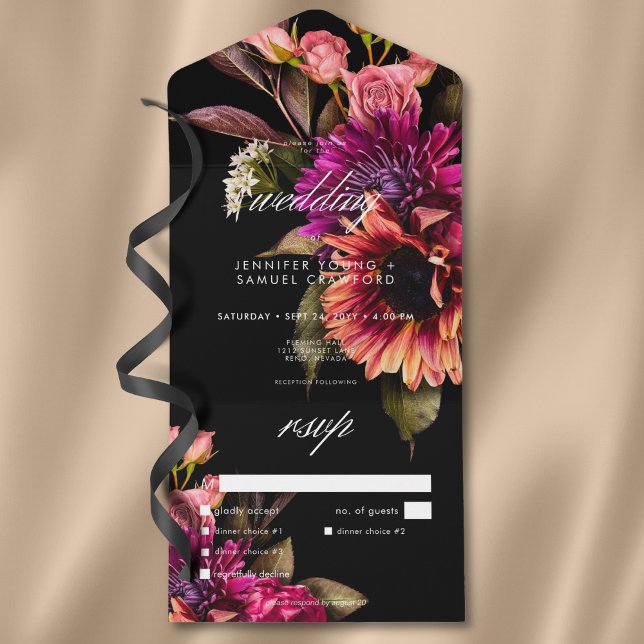 Elegant Moody solnedgång Blommigt Middag (Elegant Moody Vibrant Sunset Floral QR Code All In One Invitation)