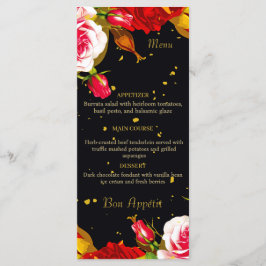 Elegant Moody Svart Blommig Guld Folie Bröllopspla Meny