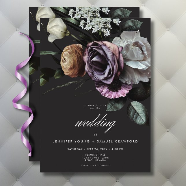 Elegant Moody Twilight Muted Blommigt Bröllop Inbjudningar (Elegant Moody Twilight Muted Floral Wedding Invitation)