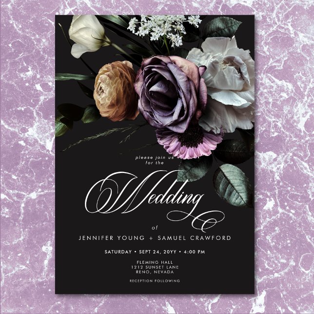 Elegant Moody Twilight Muted Blommigt Bröllop Inbjudningar (Elegant Moody Twilight Muted Floral Wedding)