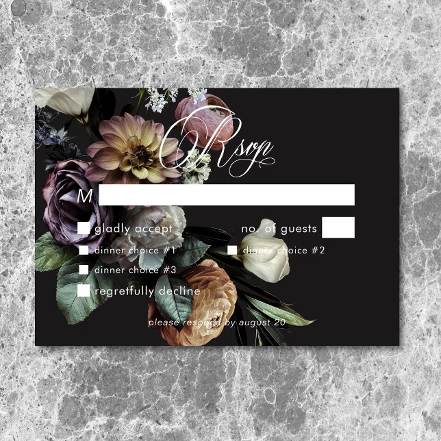Elegant Moody Twilight Muted Blommigt Bröllop Midd OSA Kort (Elegant Moody Twilight Muted Floral Wedding Dinner RSVP Card)
