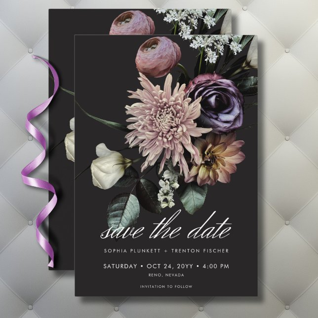 Elegant Moody Twilight Muted Blommigt Bröllop Spara Datumet (Elegant Moody Twilight Muted Floral Wedding Save The Date)