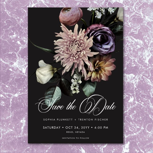 Elegant Moody Twilight Muted Blommigt Bröllop Spara Datumet (Elegant Moody Twilight Muted Floral Wedding Save The Date)