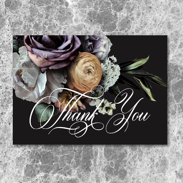 Elegant Moody Twilight Muted Blommigt Bröllop Tack Kort (Elegant Moody Twilight Muted Floral Wedding Thank You Card)