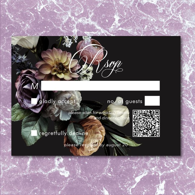 Elegant Moody Twilight Muted Blommigt QR-kod OSA Kort (Elegant Moody Twilight Muted Floral QR Code RSVP)