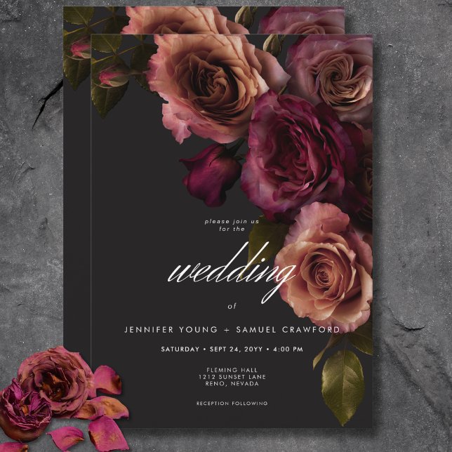 Elegant Moody utmatat rost och Burgundy Blommigt B Inbjudningar (Elegant Moody Muted Rust & Burgundy Floral Wedding Invitation)