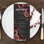 Elegant Moody utmatat rost och Burgundy Blommigt B Meny<br><div class="desc">Förbered dig för din gotiskinspirerade firande, med vår fängslande, långa bröllop-meny. En mjuk svart bakgrund ger perfekten arbetsyta för en fängslande, men underskattad bukett. Föreställ dig ett hörn arrangemangt av muterade ro blommar, där och rik av röntgen blandas med mörk grönt löv. Den här eaterala designen utstrålar tyst sofistikering, perfekt...</div>