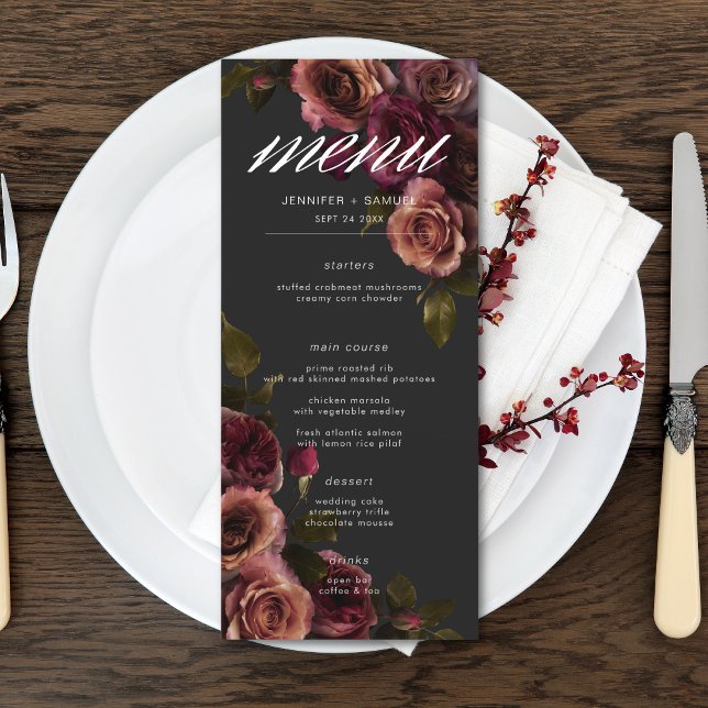 Elegant Moody utmatat rost och Burgundy Blommigt B Meny (Elegant Moody Muted Rust & Burgundy Floral Wedding Long Menu)