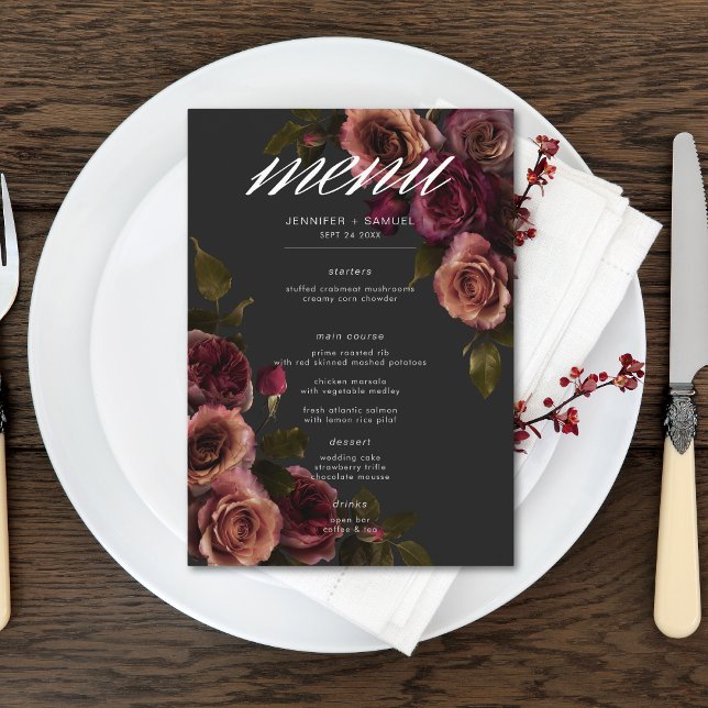 Elegant Moody utmatat rost och Burgundy Blommigt B Meny (Elegant Moody Muted Rust & Burgundy Floral Wedding Menu)
