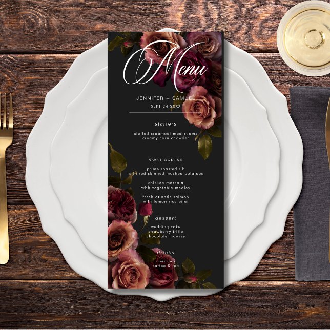 Elegant Moody utmatat rost och Burgundy Blommigt B Meny (Elegant Moody Muted Rust & Burgundy Floral Wedding Menu)