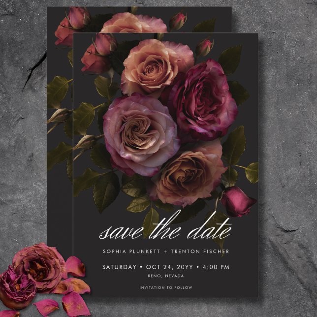Elegant Moody utmatat rost och Burgundy Blommigt B Spara Datumet (Elegant Moody Muted Rust & Burgundy Floral Wedding Save The Date)