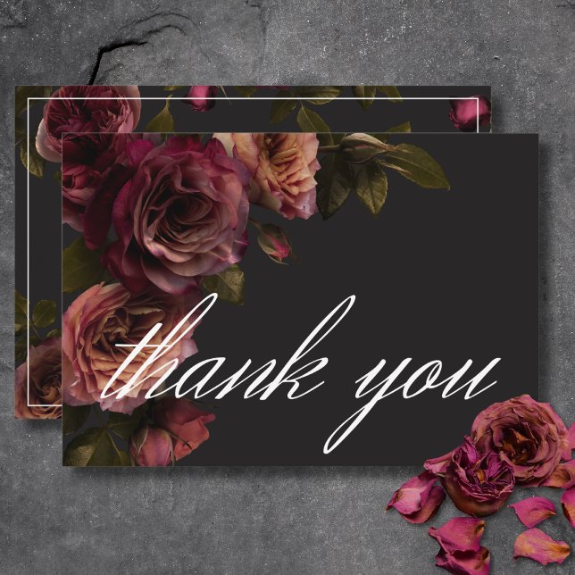 Elegant Moody utmatat rost och Burgundy Blommigt B Tack Kort (Elegant Moody Muted Rust & Burgundy Floral Wedding Thank You Card)