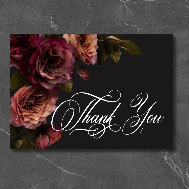 Elegant Moody utmatat rost och Burgundy Blommigt B Tack Kort (Elegant Moody Muted Rust & Burgundy Floral Wedding Thank You Card)
