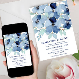 Elegant Moody vattenfärgen Blue Blommigt Bröllop Inbjudningar