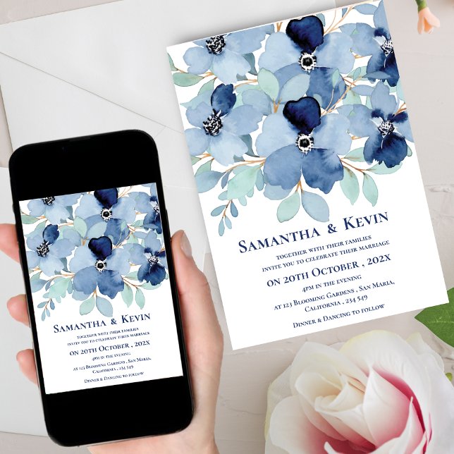 Elegant Moody vattenfärgen Blue Blommigt Bröllop Inbjudningar (Elegant Moody Watercolor Blue Floral Wedding Invitation)