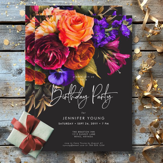 Elegant Moody Vibrant Harvest Blommigt Birthday Inbjudningar (Elegant Moody Vibrant Harvest Floral Birthday Invitation)