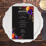 Elegant Moody Vibrant Harvest Blommigt Bröllop Men<br><div class="desc">Förbered den vackra skönheten hos en skörd av fallande blommigt med vår fängslande bröllop-meny. En dramatisk, men mjuk svart bakgrund ger perfekten arbetsyta för en helt realistisk bukett. Föreställ dig en kraftig explosion av färg, med ro i magenta för orange och mörk, med små blommor och lila i rosa och...</div>