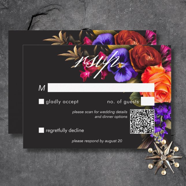 Elegant Moody Vibrant Harvest Blommigt QR-kod OSA Kort (Elegant Moody Vibrant Harvest Floral QR Code RSVP Card)