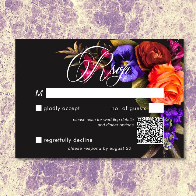 Elegant Moody Vibrant Harvest Blommigt QR-kod OSA Kort (Elegant Moody Vibrant Harvest Floral QR Code RSVP Card)