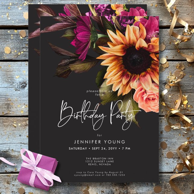 Elegant Moody Vibrant Sunset Blommigt Birthday Inbjudningar (Elegant Moody Vibrant Sunset Floral Birthday Invitation)