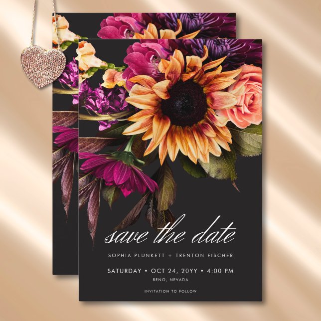 Elegant Moody Vibrant Sunset Blommigt Bröllop Spara Datumet (Elegant Moody Vibrant Sunset Floral Wedding Save The Date)